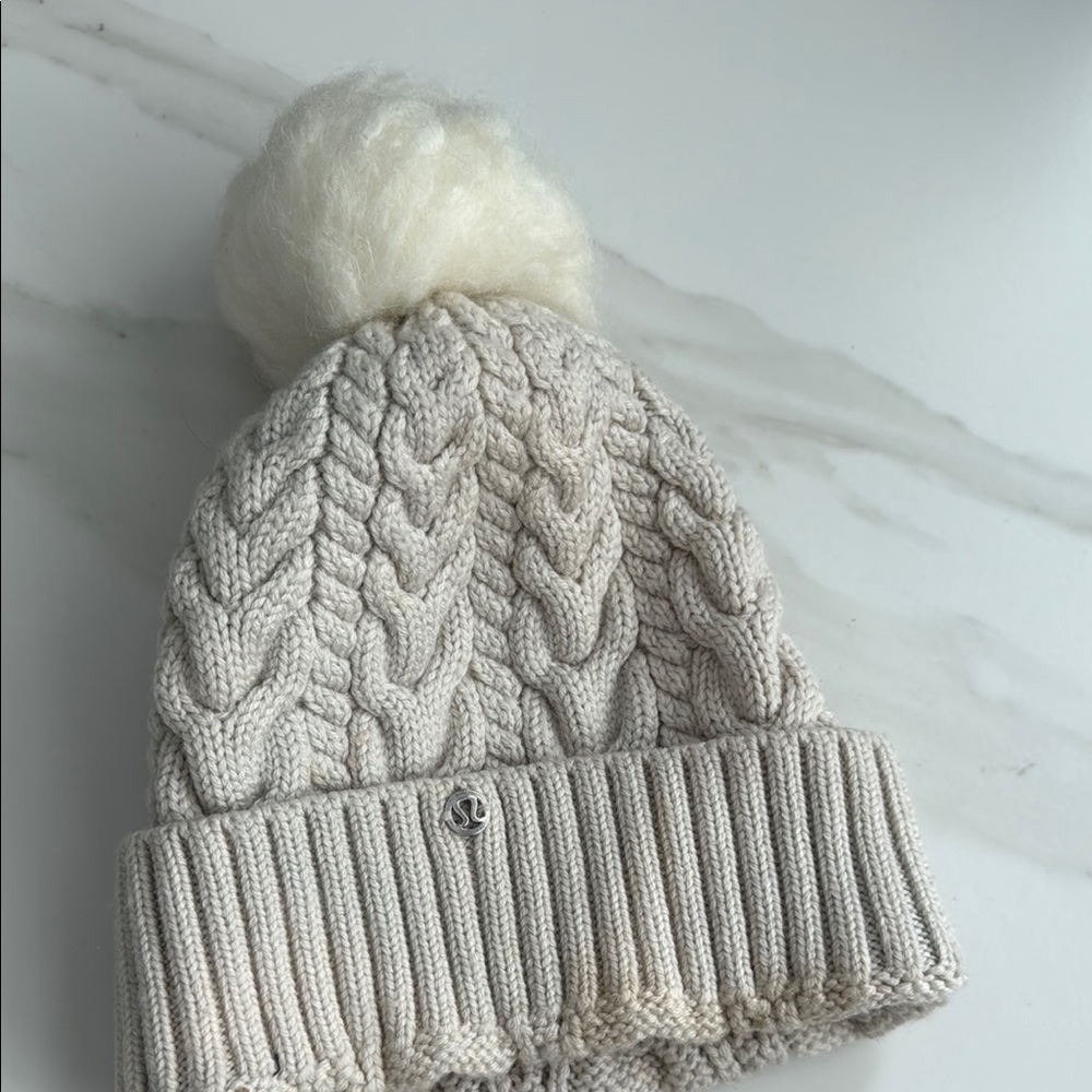 Cream Cable Knit Beanie with Pom Pom